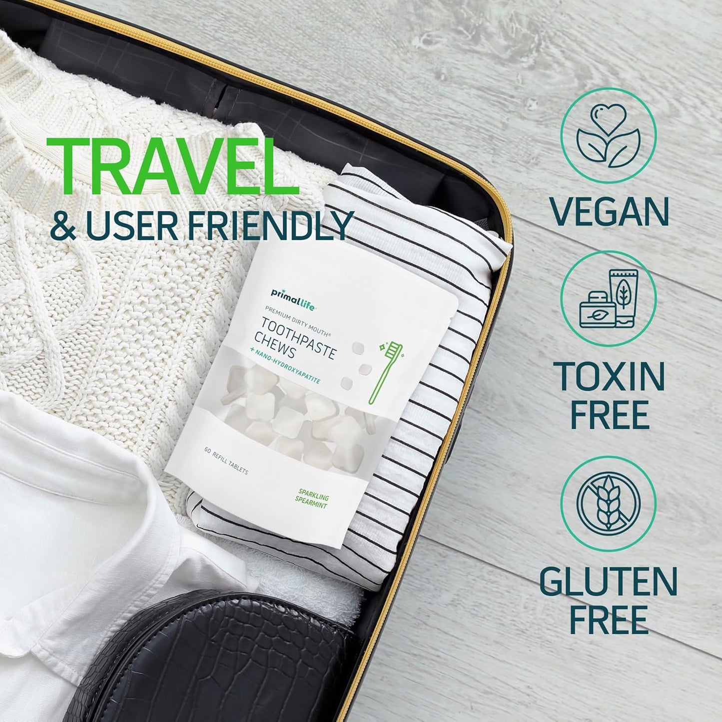 Primal Life Organics Premium Dirty Mouth Toothpaste Chews – Nano-Hydroxyapatite Whitening Toothpaste Tablets for Adults - Gluten Free, Vegan, Paleo - 60 Tablets in Bag - Sparkling Spearmint