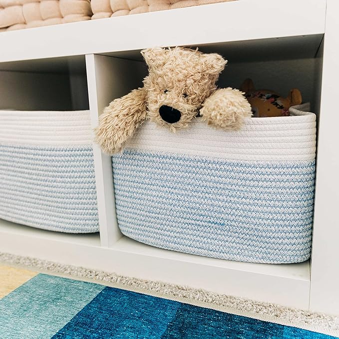 OrganiHaus Set of 3 Woven Storage Baskets for Shelves, Decorative Organizer Bins for Closet & Bathroom, Multipurpose Home Organization Baskets, Toy Storage Basket - Blue/Off-White, 15x9x10 inches