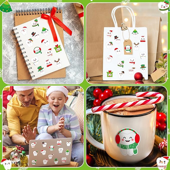 CJiangpo 1000Pcs Christmas Tooth Stickers - 2 Rolls Cute Xmas Dental Teeth Fairy Sticker Decals for Laptop Water Bottle Scrapbook DIY Crafts, Christmas Party Decoration Gift for Kids Dentist Schools