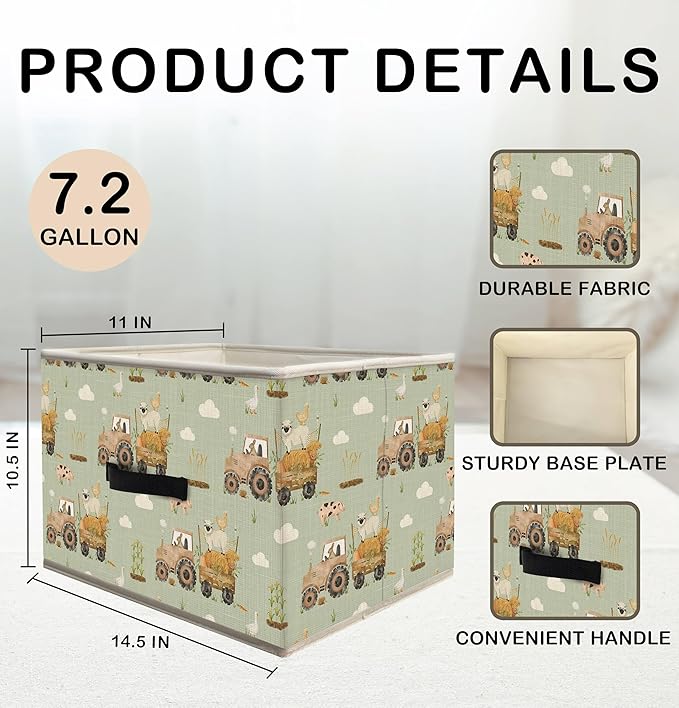 Nogrit Farm Animal Nursery Storage Bins Box, Toybox for Boys Girls, Light Green Rustic Farmhouse Foldable Baskets Organizer Container with Handles for Kids Bedroom Bathroom Clothes Toys Books