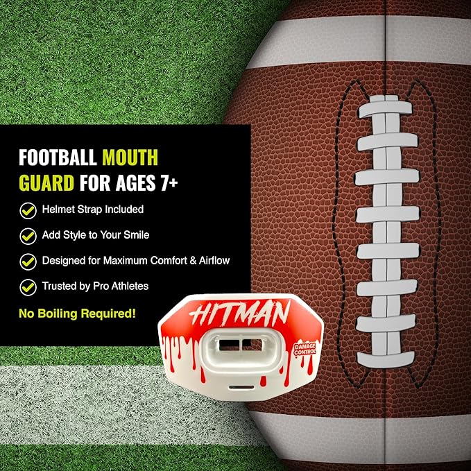 DAMAGE CONTROL Youth Football Mouth Guard – Breathable No Boil Mouthpiece, Protects Lips & Teeth, Works with Braces, Includes Helmet Strap – Sports Gear & Accessories (Hitman)