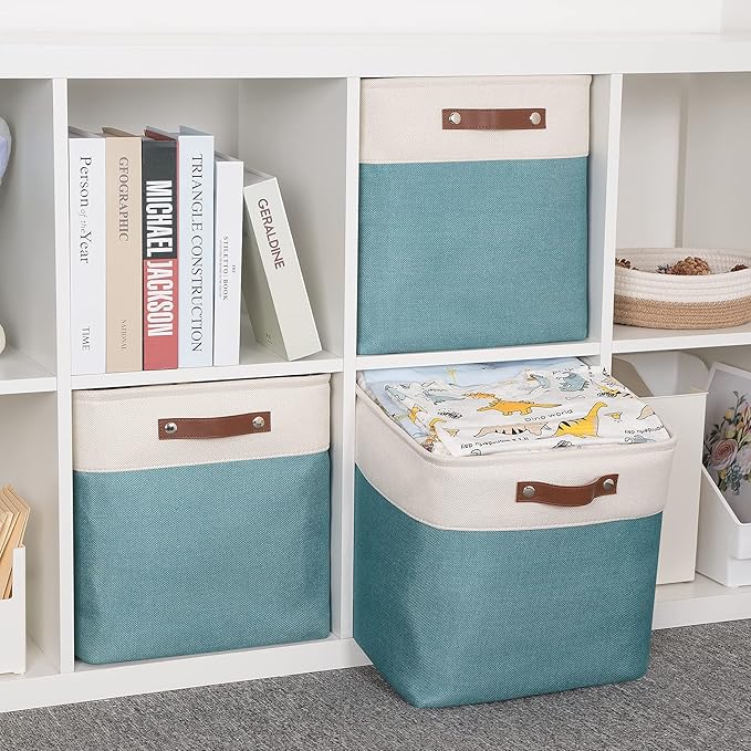 HNZIGE Foldable Storage Cubes & Baskets (3 Pack) - 13 Inch Storage Bin with Leather Handles for Toys, Clothes, Kids, Closet (White & Teal)