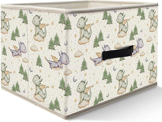 Nogrit Dinosaur Nursery Storage Bins Box, Toybox for Boys, Green and Purple Woods Dinosaur Foldable Baskets Organizer Container with Handles for Kids Boys Bedroom Bathroom Clothes Toys Books