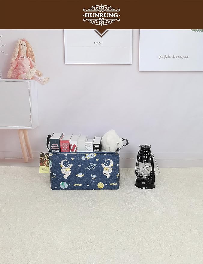 HUNRUNG Rectangle Storage Basket Cute Canvas Organizer Bin for Pet/Children Toys, Books, Clothes Perfect for Rooms/Playroom(Rec-Blue Space Astronaut)
