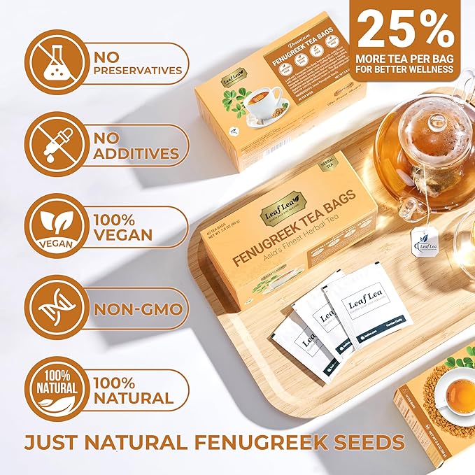 LeafLea 40 Natural Fenugreek Seed Tea Bags, 100% Pure from Fenugreek Seeds, Herbal Tea Infusion, Fenogreco Tea with Distinct Aroma and Smooth Flavor, Caffeine-Free, Individually Wrapped for Freshness