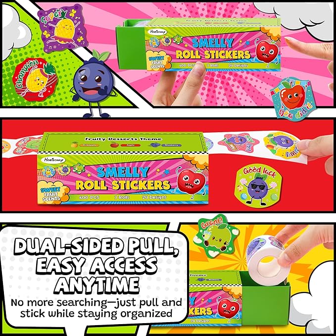 HORIECHALY 600 Pcs Scented Stickers for Kids, 3 Rolls Scratch and Sniff Smelly Motivational Reward Stickers, Classroom Encouragement School Smelly Sticker for Teachers, Students(1.57")
