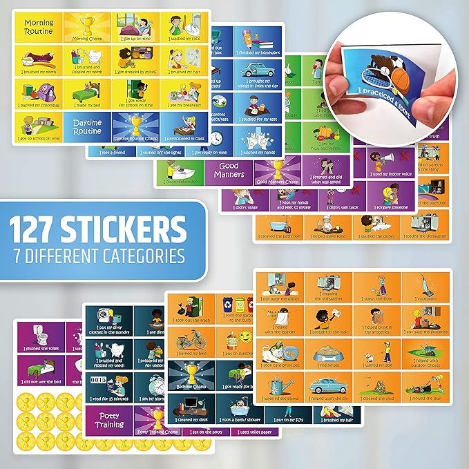 Large Magnetic Reward Chart for Multiple Kids (1-3 Kids) - 127 Pre-Written Stickers (Including Potty Training) + 30 Custom Chores - Behavior, Responsibility & Incentive Star Chart for Your Fridge