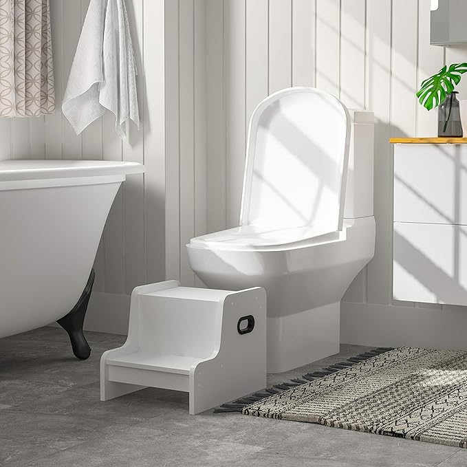 HOOBRO Step Stool for Kids, Two Step Toddler's Stool, Kids Potty Training Stool with Handles, Non-Slip Pads for Safety, Easy to Move, for Sink, Bathroom, Bedroom, White WT01JD01G1