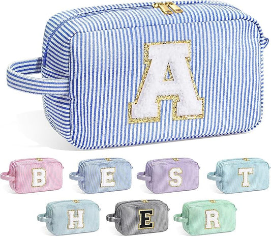 YOOLIFE Gifts for Daughter Girls Kids - 3 4 5 6 7 8 9 10 11 12 13 14 Year Old Girl Birthday Gifts, Teen Girl Gifts Trendy Stuff, Personalized Initial Makeup Bag, Blue Toiletry Bag, Letter A