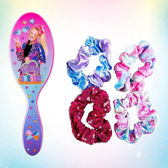 LUV HER Nickelodeon Jojo Siwa Hair Brush & 4 Scrunchies - Girls 9inc Hair Set, Detangling Brush for Thick Curly Thin Wet or Dry Hair - Hair Accessories for Kids Ages 3+
