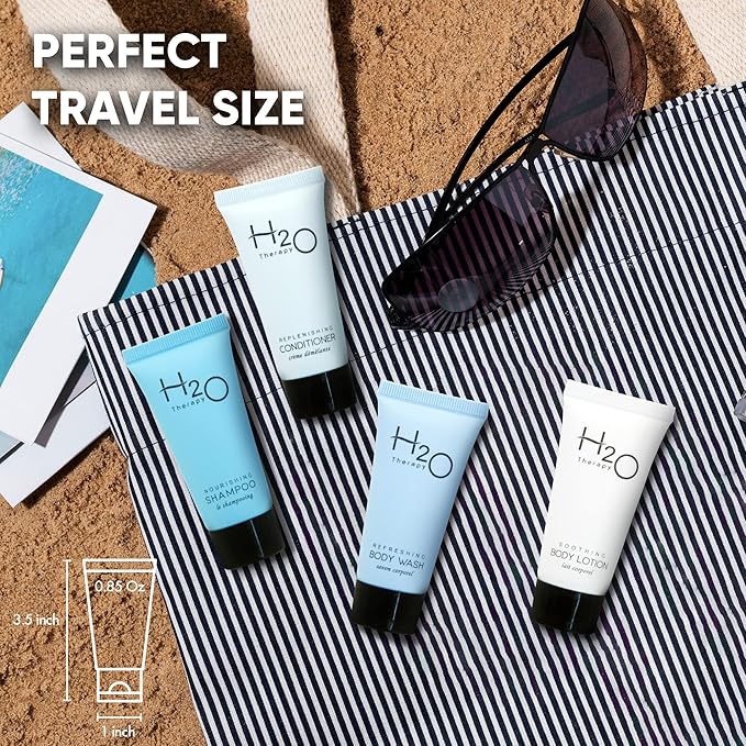 H2O Therapy Hotel Soaps & Toiletries Bulk Set | 1-Shoppe Amenities Kit | 0.85oz Shampoo & Conditioner, Body Wash, Lotion | Travel Size | 80 Pieces