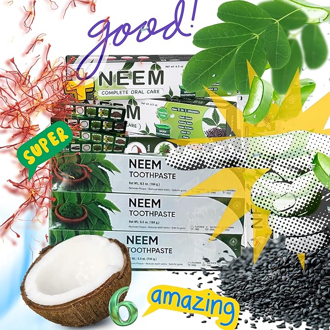 Pack of 6 - Organic Neem 10 in 1 Fluoride Free Toothpaste - Neem, Clove, Black Seed, Cardamon, Aloe Vera, Tea Tree Oil, Miswak, Clove - Herbal Blend - 7.05 oz
