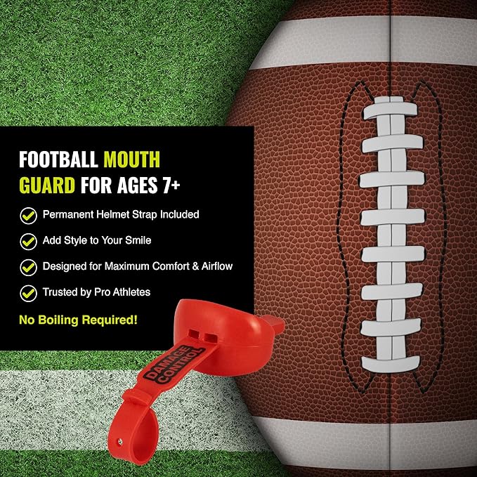 DAMAGE CONTROL Mouthguard with Permanent Helmet Strap, Youth Mouth Guard to Protect Lips & Teeth, No Boiling Pacifier, Breathable Binky Mouthpiece, Football Mouthpiece, Works with Braces (Red)
