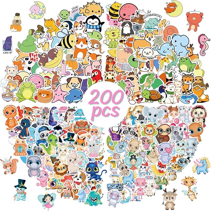 Cartoon Animal Stickers for Kids 200 Pcs/Pack, Waterproof Vinyl Stickers for Girls Boys Classroom Prizes - Laptops, Notebooks, Water Bottles, Skateboard (Animal)