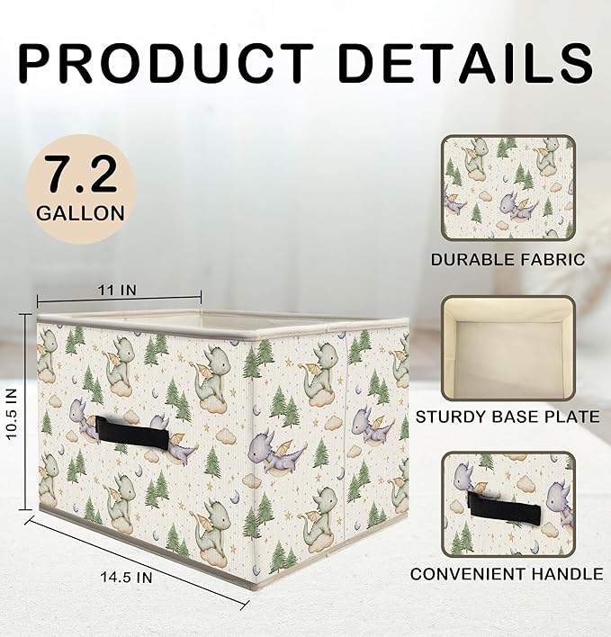 Nogrit Dinosaur Nursery Storage Bins Box, Toybox for Boys, Green and Purple Woods Dinosaur Foldable Baskets Organizer Container with Handles for Kids Boys Bedroom Bathroom Clothes Toys Books