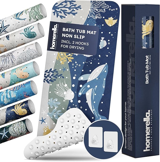 Homerella Baby Bath Tub Mat | Anti Mold Mildew Resistant Non Slip Kids and Adult Bath Tub Shower Mats | 40x16 inch Long with Suction Cups for Secure Grip Hooks for Storage & Drying | Machine Washable