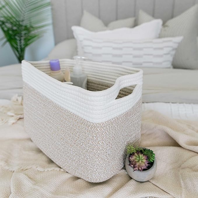 OrganiHaus Set of 3 Woven Storage Baskets for Shelves, Decorative Organizer Bins for Closet & Bathroom, Multipurpose Home Organization Baskets, Toy Storage Basket - Honey/Off-White, 15x9x10 inches