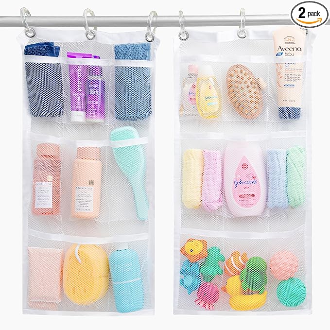 Handy Laundry Hanging Shower Organizer (2-Pack) - 9-Pocket - Mesh Caddy with Deep Storage Pockets for Organizing Bathroom Toiletries and Kids Bath Toys - Hang on Existing Shower Curtain Rings