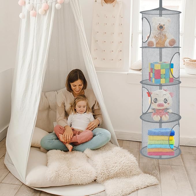 Libeder Mesh Hanging Storage Space Saver Bags Organizer,Foldable Storage Organizer 4 Compartments Toy Storage Basket for Kids Room Bathroom 2 Sets Grey