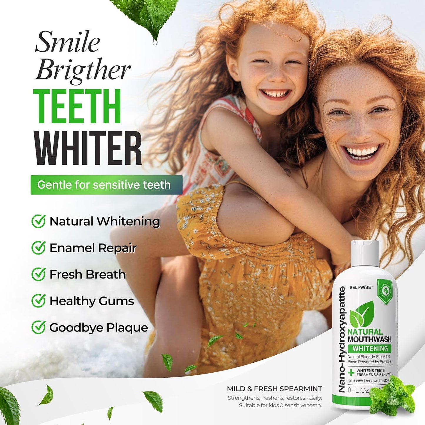 Nano-Hydroxyapatite Natural Whitening Mouthwash with Xylitol – Fluoride-Free, Alcohol-Free, Antiseptic Oral Rinse for Fresh Breath & Enamel Protection – Gentle for Sensitive Teeth