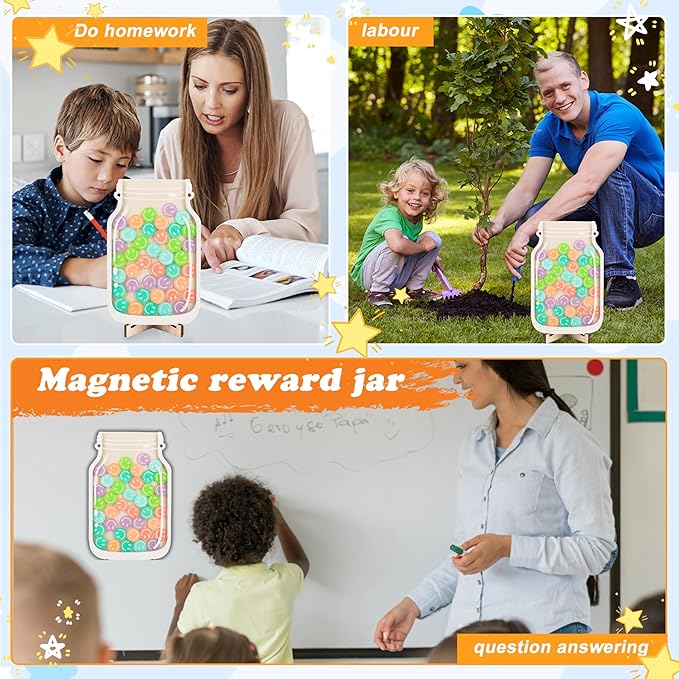 Magnetic Reward Jar, DIY Smiley Faces Jar Set for Kids Potty Training Acrylic Reward Jar System for Classroom Board Behavior Management Home Chore Chart, with Colorful Letter Stickers (42PCS Tokens)