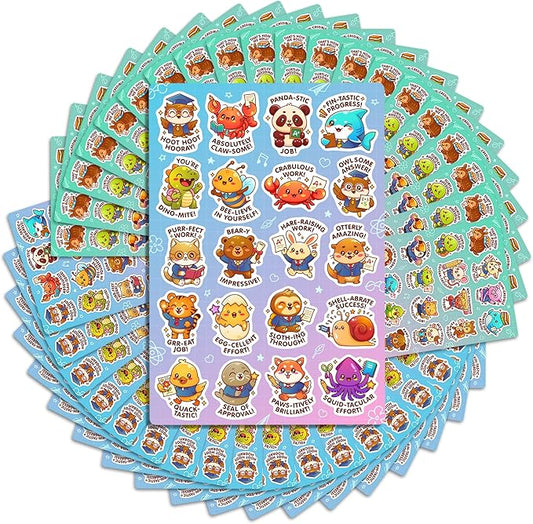 Animal Pun Reward Stickers – 800 Cute Incentive Stickers for Kids, 40 Unique Designs, Classroom & Homeschool Rewards, Homework & Behavior Charts