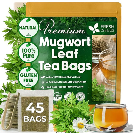 FreshDrinkUS, Premium 45 Mugwort Leaf Tea Bags, 100% Natural and Pure Mugwort Leaves. No Sugar, No Caffeine, No Gluten, Vegan. (45 Tea Bags)