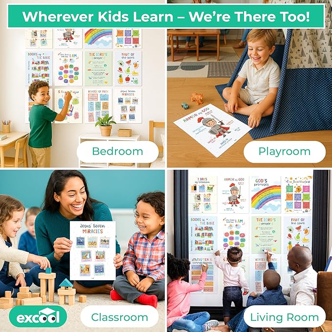 Excool Club Sunday School Decorations For Classroom - 12 Book Of The Bible Posters For Kids, Ten Commandments Fruit Of The Spirit Wall Art, Bible Study Supplies For Christian Classroom Decor (11"x14")