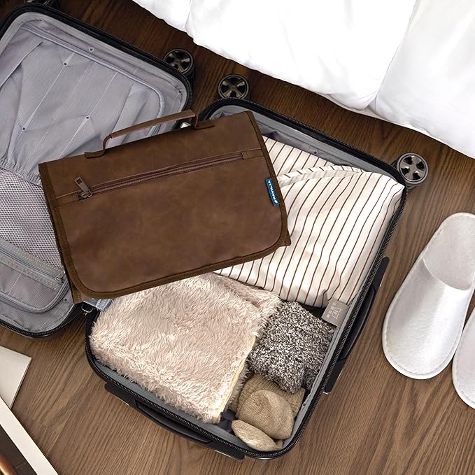 PAVILIA Hanging Toiletry Bag Men Women, Travel Kit Foldable Large Toiletries Organizer, Roll up Cosmetics Makeup Bag Accessories, Waterproof Essentials Dopp Case (Brown)