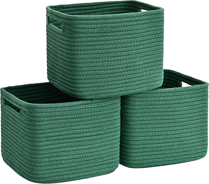 3 Pack Cube Storage Bin, 9”x9”x7” Cotton Rope Woven Baskets for Organizing Toys Clothes Towels, Square Gift Storage Baskets for Shelf, Nursery, Closet, Bathroom, Pantry (Green)