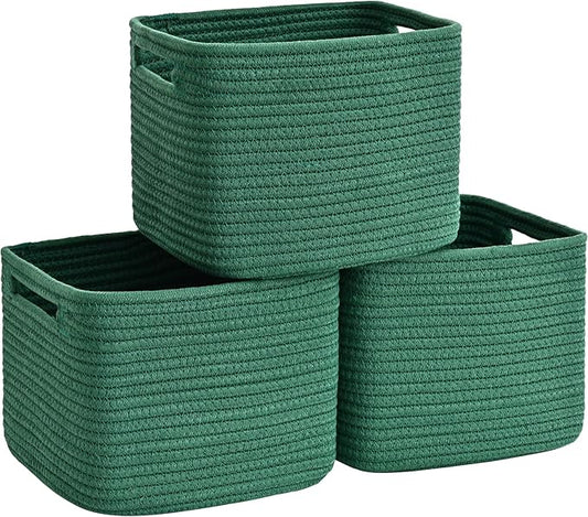 3 Pack Cube Storage Bin, 9”x9”x7” Cotton Rope Woven Baskets for Organizing Toys Clothes Towels, Square Gift Storage Baskets for Shelf, Nursery, Closet, Bathroom, Pantry (Green)