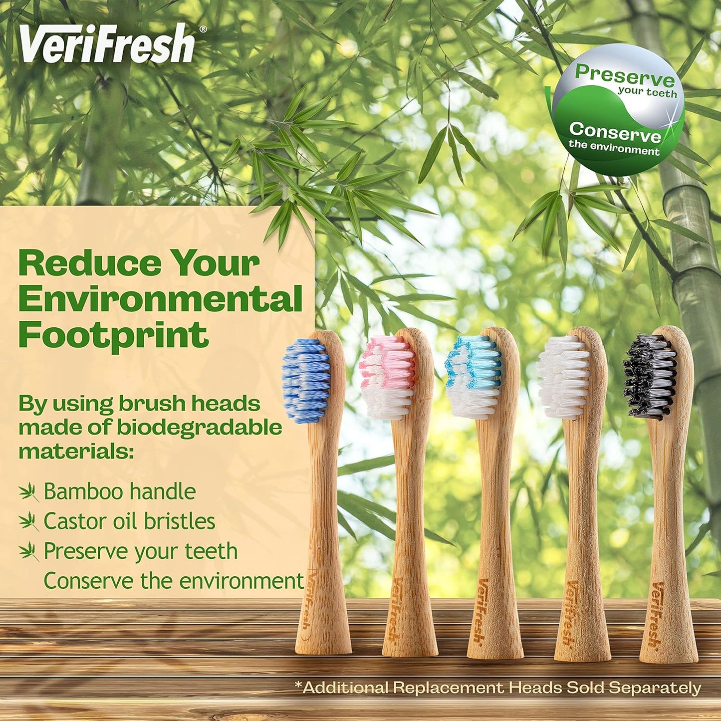 Bamboo Sonic Toothbrush - Replacement Heads. Natural Bamboo Heads with Castor Oil bristles. Compatible with The VeriFresh Sonic Toothbrush