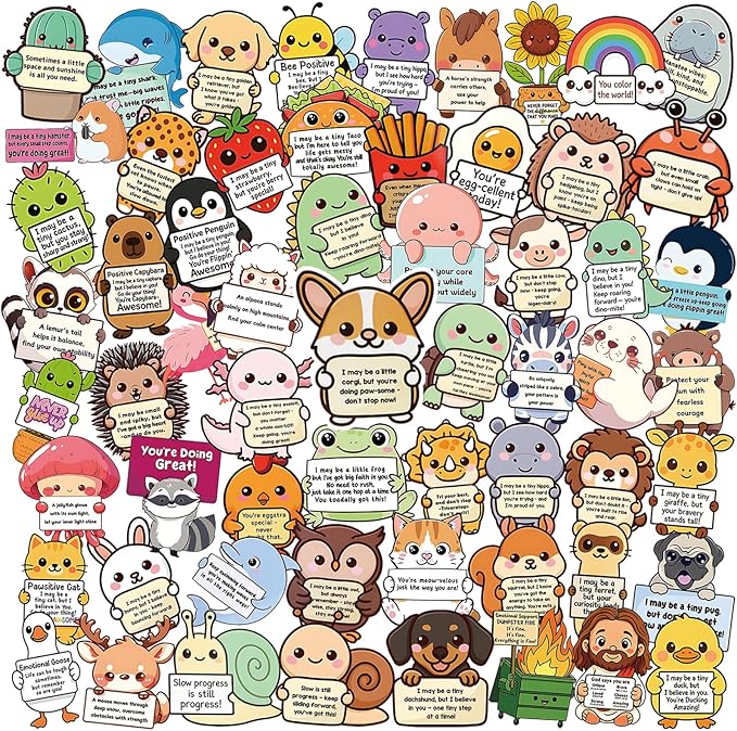 60pcs Emotional Support Animal Stickers, Cute Affirmation Sticker Pack for Adults, Kids & Teens, Waterproof Vinyl Inspirational Decals for Water Bottles, Laptops, Journals, Phones