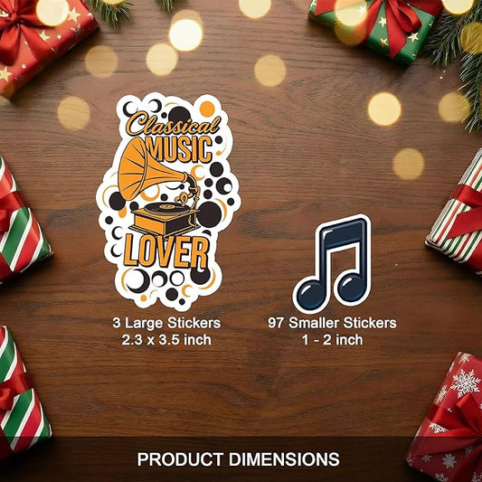 100 PCS Music Stickers Pack, Vinyl Waterproof Decals of Guitars Pianos Drums Microphones Notes Headphones and Bands, Fun Gift for Kids Teens Adults Students Teachers Water Bottle Scrapbook