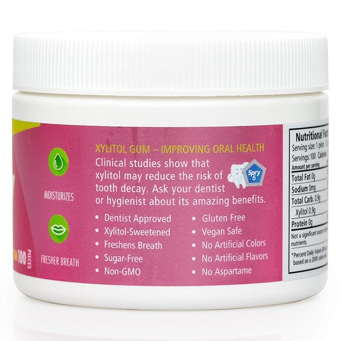 Spry Fresh Natural Xylitol Chewing Gum Dental Defense System - Aspartame-Free, Sugar-Free, Non-GMO, Gluten-Free (Bubble Gum, 100 Count - Pack of 2)