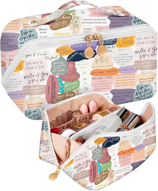 Bistup Makeup Bag Travel Cosmetic Bag Toiletry Make Up Bags Cute Women Large Capacity Big Medium Leather Quote Aesthetic Portable Teen Girls Teenage Foldable Expandable Compact Open Flat Zip