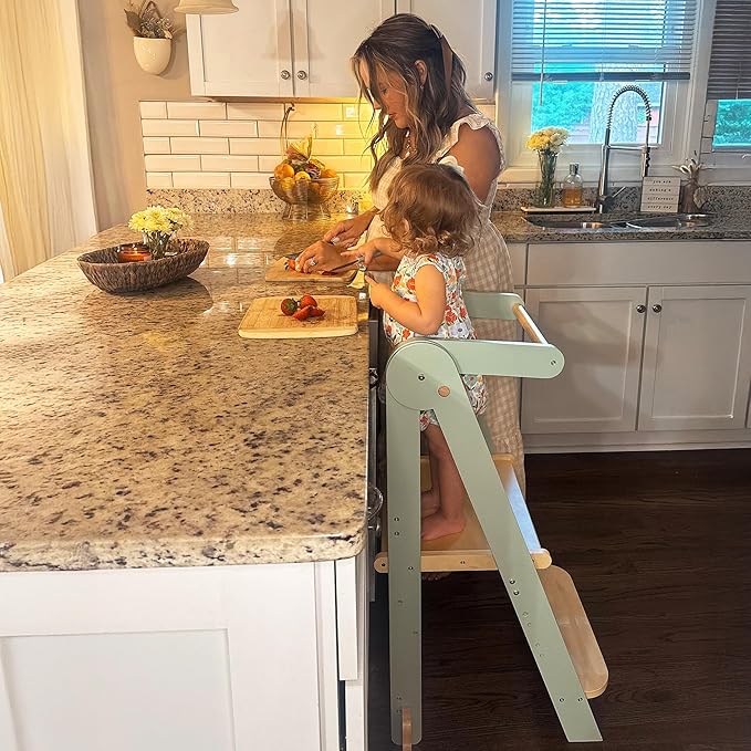 HARPPA Nordi Foldable Toddler Kitchen Tower, Montessori Kitchen Stools Helper, Standing Tower with 3 Adjustable Heights, Suitable Age for 2-6 Years, Sage