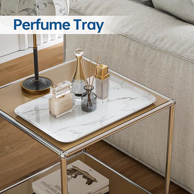 Vanity Decorative Tray, 12" x 8" White Marble Pattern Perfume Tray, Bathroom & Countertop Organizer for Soap, Jewelry, Candle