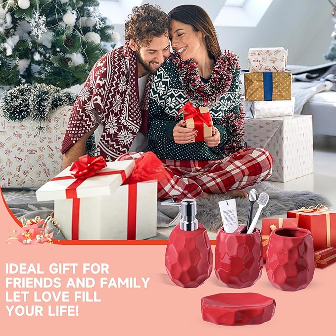 Ceramic Bathroom Accessories Set 4 PCS,Bathroom Toothbrush Holder Set,Soap and Toothbrush Holder Set,Include Toothbrush Holder,Soap Dispenser,Tumbler,Soap Dish,Bathroom Sets Decor Organizer (Red)
