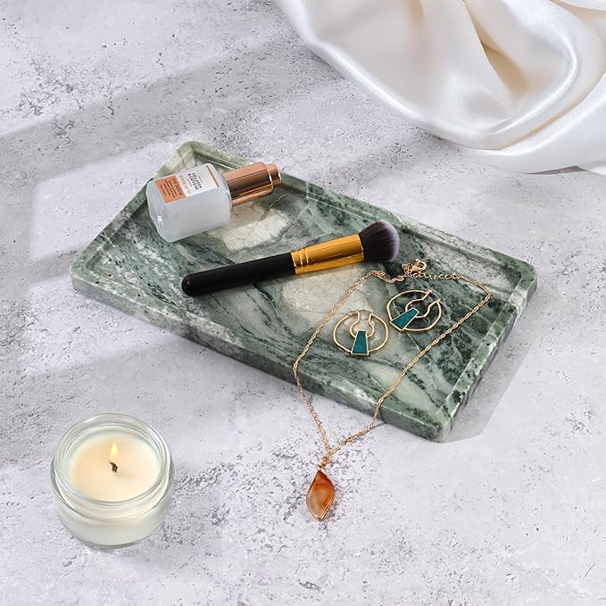 Green Marble Tray – 12" x 6.5" Decorative Vanity Tray for Bathroom, Countertop, Jewelry, Candles, Kitchen | Natural Stone Organizer for Makeup, Perfume, Skincare & Home Décor