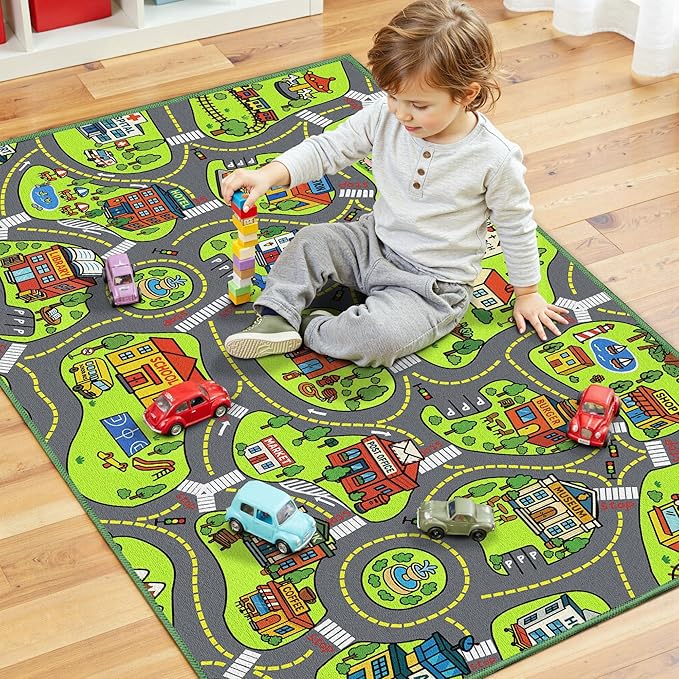 Upgrade Ultra Non Slip Kids Car Rug, Kids Road Playmat Rug for Toy Cars, Educational Town City Map Washable Carpet for Boys Playroom Bedroom, Safer Car Track Play Mat for Children Toddler, 140"x84"
