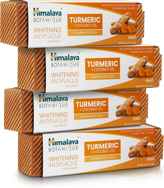 Himalaya Botanique Turmeric & Coconut Oil Whitening Antiplaque Herbal Toothpaste, Whitens Teeth, Fluoride Free, No Artificial Flavors, SLS Free, Vegan, Cruelty Free, Foaming, Mint Flavor, 4 Oz, 4 Pack