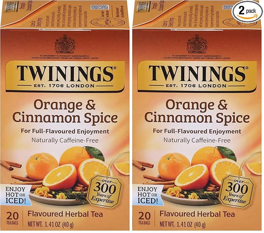 Twinings Orange & Cinnamon Spice Herbal Tea Individually Wrapped Bags, 20 Count (Pack of 2), Naturally Caffeine-Free, Enjoy Hot or Iced, 20 Teabags