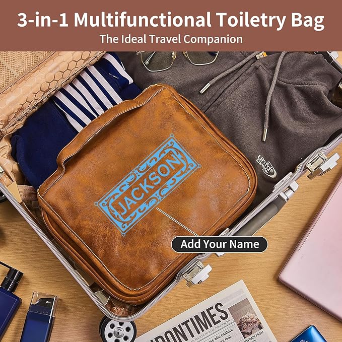 Personalized Toiletry Bag For Men, Large Capacity Travel Doop Kit, Vintage Color PU Leather, Custom Name Initials, Gifts for Dad, Husband, Boyfriend, Groomsmen, Birthday (Style 6)