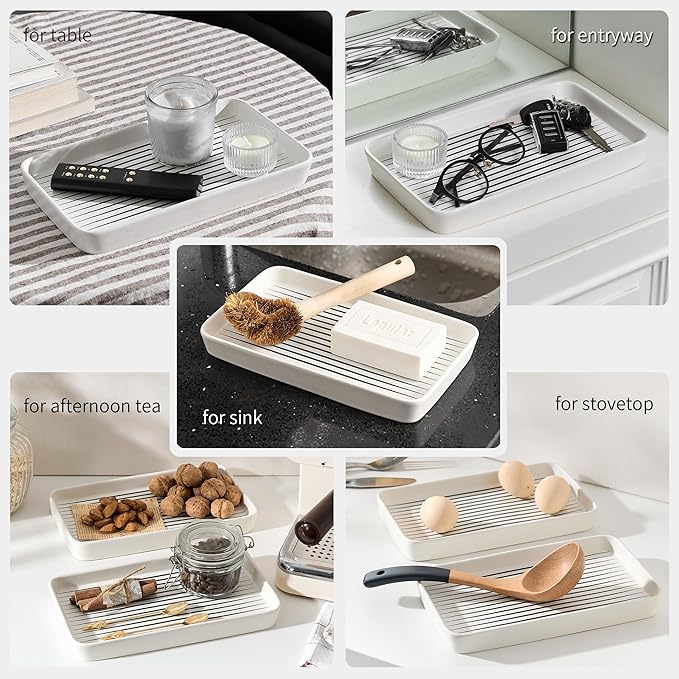 Bathroom Vanity Tray for Countertop,2PC Rectangle Striped Tray,Decorative Bathroom Organizer for Scrubber, Lotion Bottles, Perfume, Jewelry, Candle, Key Trinket Ring(Large,White)