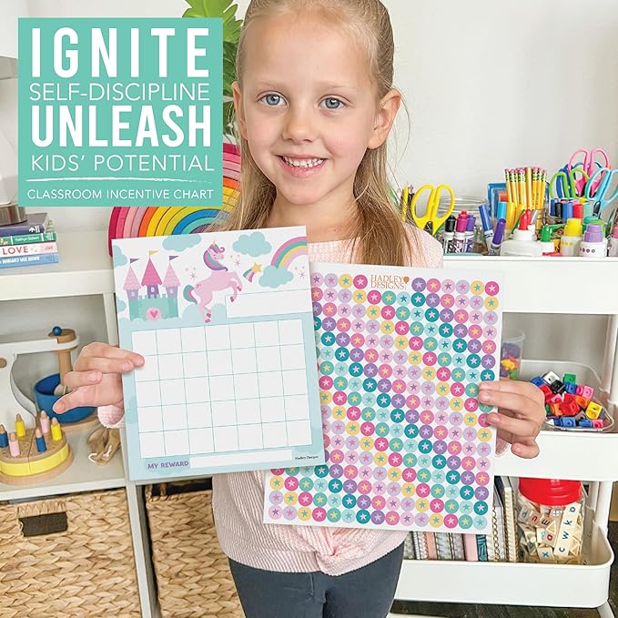 Sticker Chart for Kids Behavior at Home & Classroom - 25 Reward Chart for Kids Incentives, Gold Star Sticker Sheets, Unicorn Incentive Charts for Classroom Must Haves