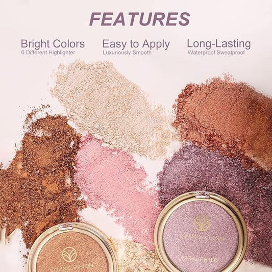 YOUNG VISION Pressed Powder Highlighter, Baked Natural Glow Contour Powder & Face Highlighter, Cruelty Free, Shimmer Highlighting Makeup for Face, Eye, Eyeshadow, Body, Skin (White)