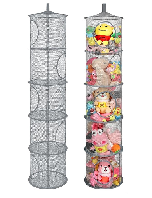 Libeder Mesh Hanging Storage Space Saver Bags Organizer,Foldable Storage Organizer 5 Compartments Toy Storage Basket for Kids Room Bathroom 2 Sets Grey