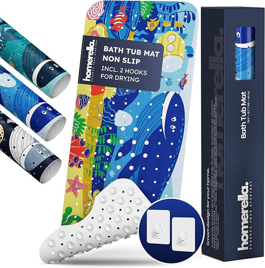 Bath Tub Mat Non Slip Anti Mold for Kids BPA Free INCL Hooks - homerella® Ocean Sea Animals 40x16, Baby Bath Mat Non Slip 200 Suction Cups, Non Toxic Machine Washable Toddler Bath Mat, EU Certified