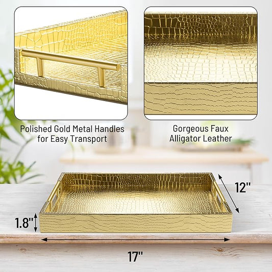 17" x 12" Wood Serving Tray with Gold Polished Metal Handles, Home Decorative Wooden Rectangle Ottoman Leather Decor Platter Bathroom Vanity Tray for All Occasions Alligator Gold